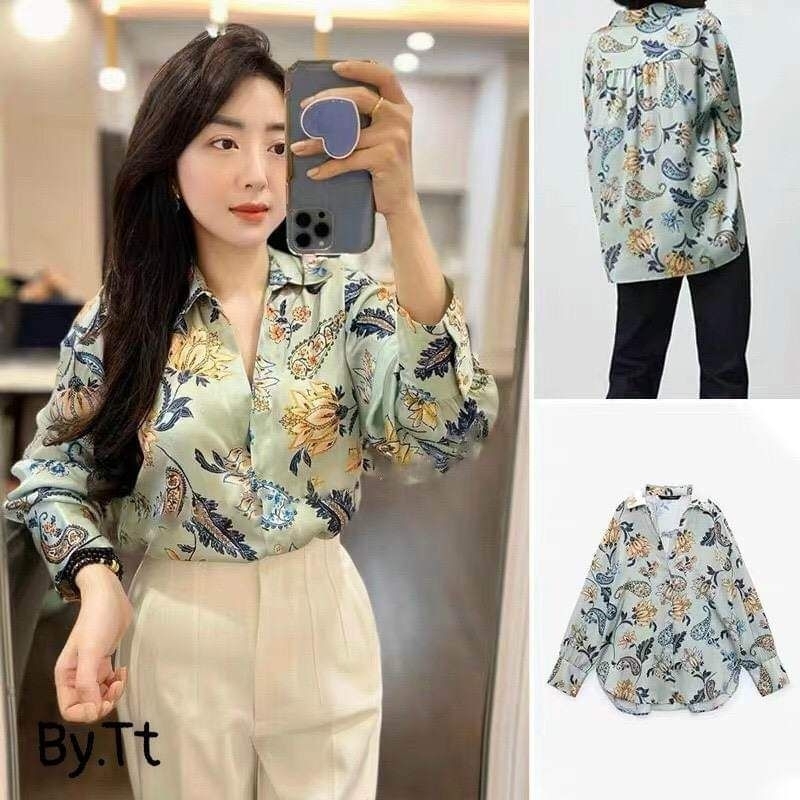 Áo sơmi lụa hoa lá hàng QCL1