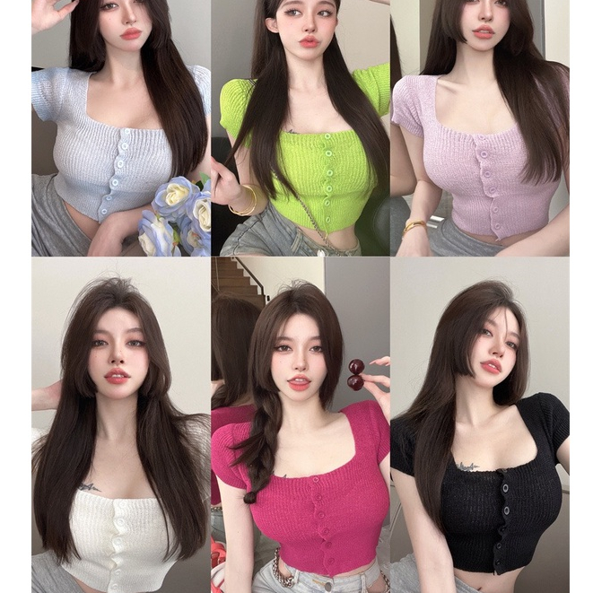 Áo Croptop Nữ, Croptop Cúc Màu Hàng Quảng Châu Len Mongtoghi Loại1