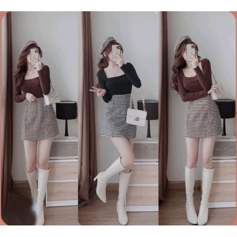 Chân váy chữ A ngắn vải dạ trắng đen + kèm áo thun tăm gân tay dài