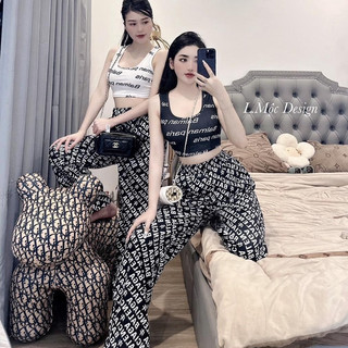 Set Áo croptop Balman Paris mix quần suông Balen chất cotton quần lụa phong cách Hàn Quốc