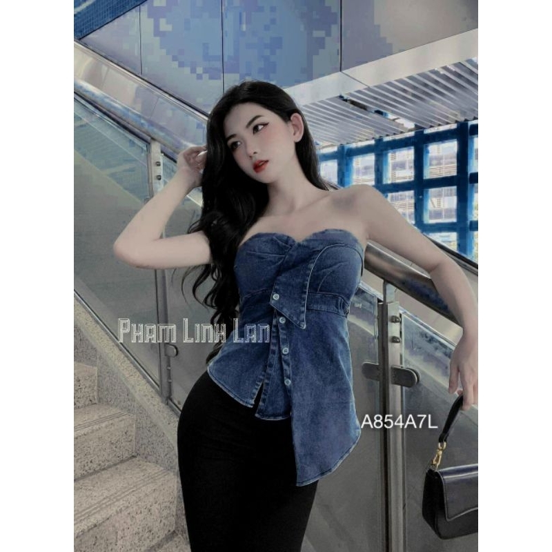 Áo ống jeans cúp ngực ,áo quây kiểu body vạt xéo phối nút nhún chun sau phong cách hàn quốc