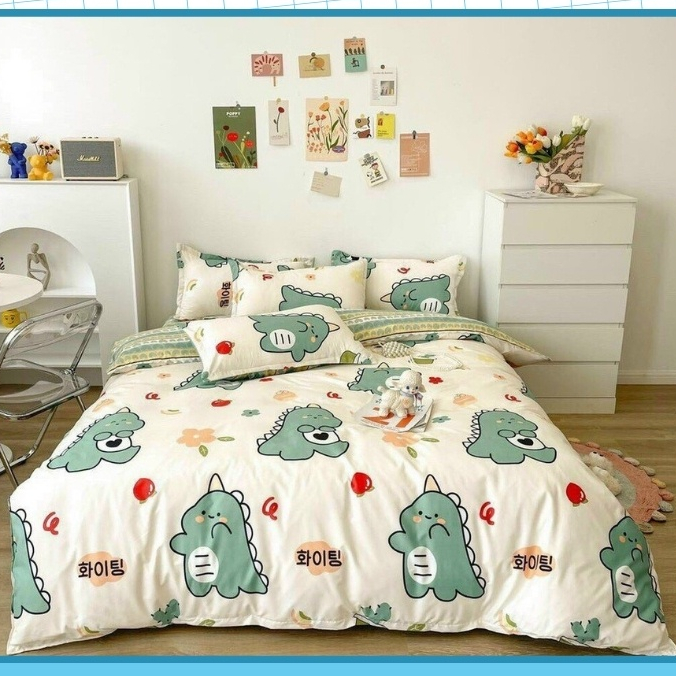 Bộ chăn ga gối cao cấp cotton ETAMI BEDDING khủng long xanh cute miễn phí bo chun drap giường , ga trải giường P18