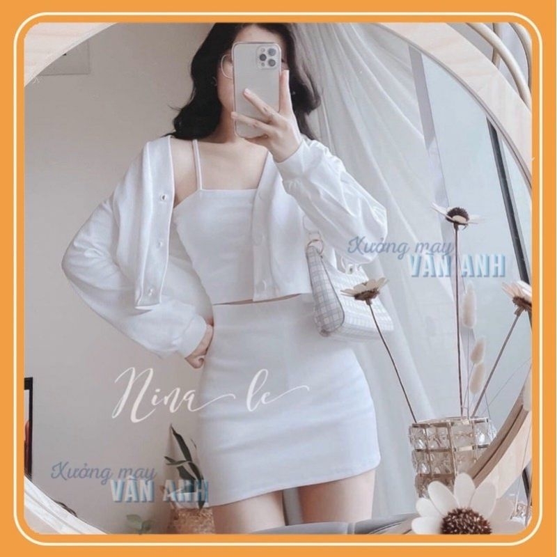 Set 3 món Váy body áo 2 dây croptop kèm cadigan dài tay đầm dáng ôm dự tiệc đám cưới Vip 73