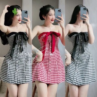 Đầm ống caro cột nơ ngực chất vải Dạ siêu đẹp