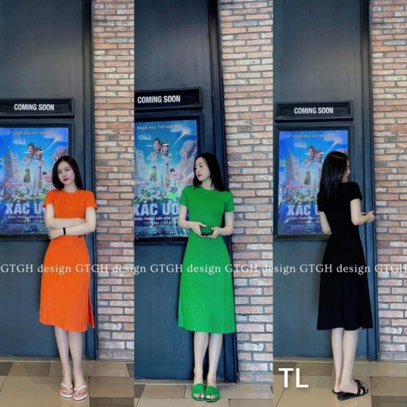 Váy thun ngắn tay xẻ sườn