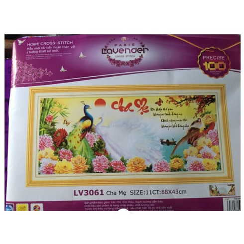 Tranh thêu chữ thập 3D cha mẹ chim công mẫu đơn LV - 3061 (88 x 43cm)