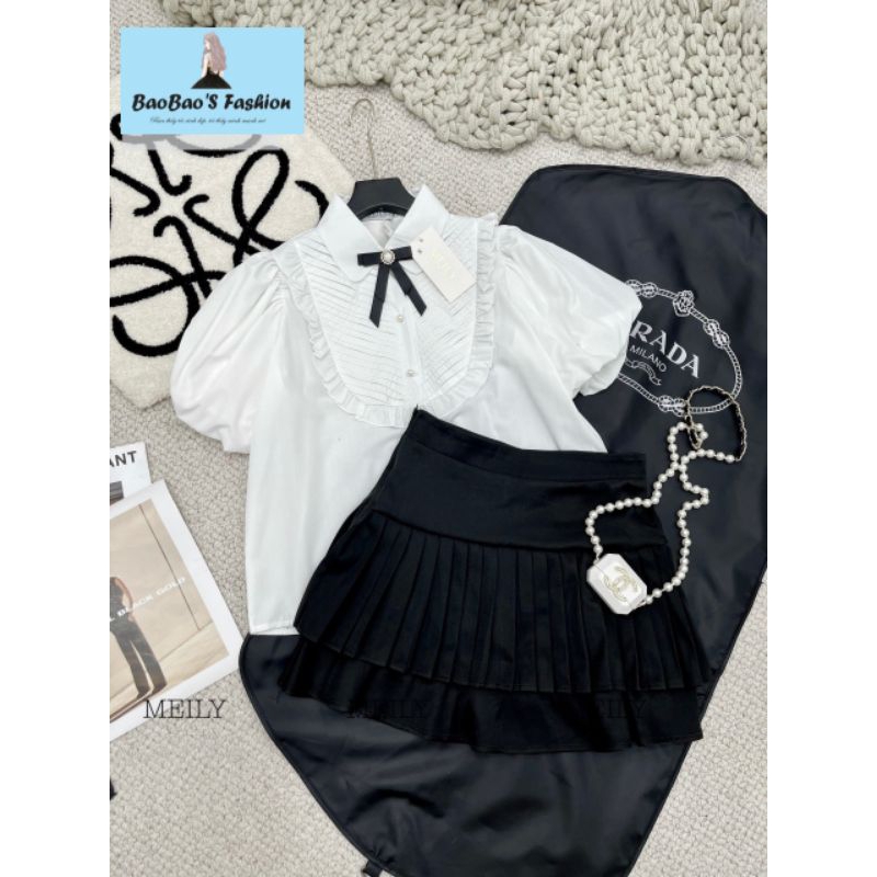 Set áo sơ mi nơ và chân váy xếp ly trẻ trung siêu xinh M