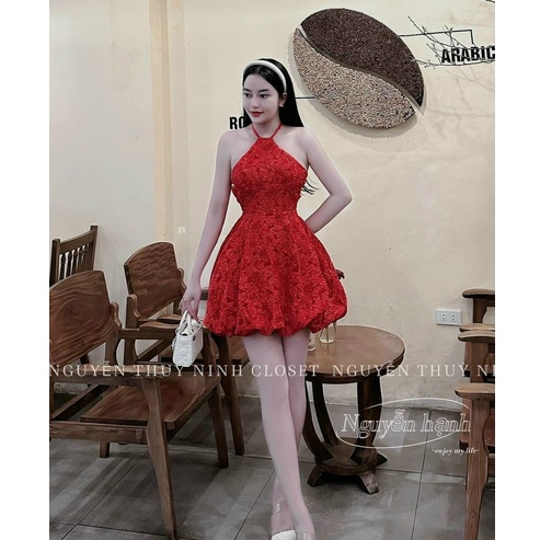 Váy đầm nữ cổ yếm hở lưng quyến dũ họa tiết phối nơ sau eo cực xinh 3 màu tôn da dễ thương đi chơi dự tiệc