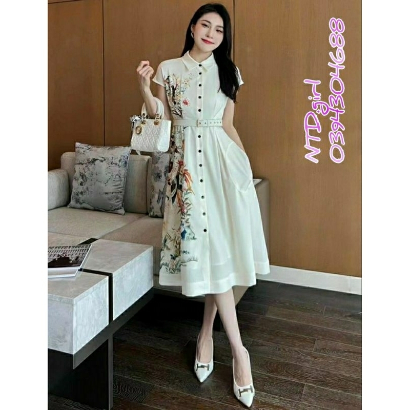 Hàng nhập - Đầm dáng xòe cổ peter cài nút trẻ trung, váy lụa dạo phố tay con in họa tiết