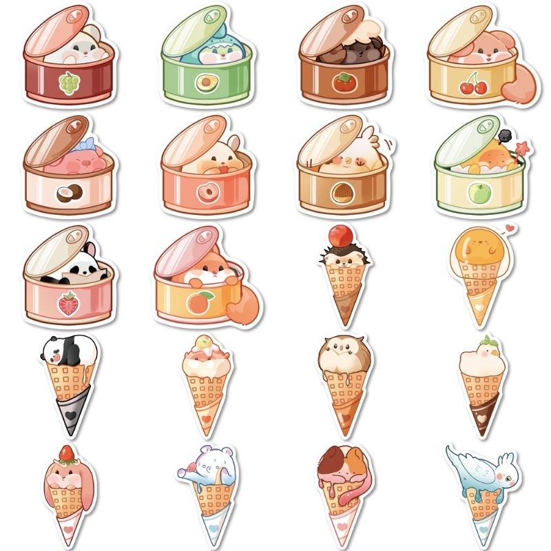 Set combo 40 miếng dán sticker động vật đồ ăn dễ thương animals food dán nón mũ bảo hiểm laptop vali sổ tay đàn guitar