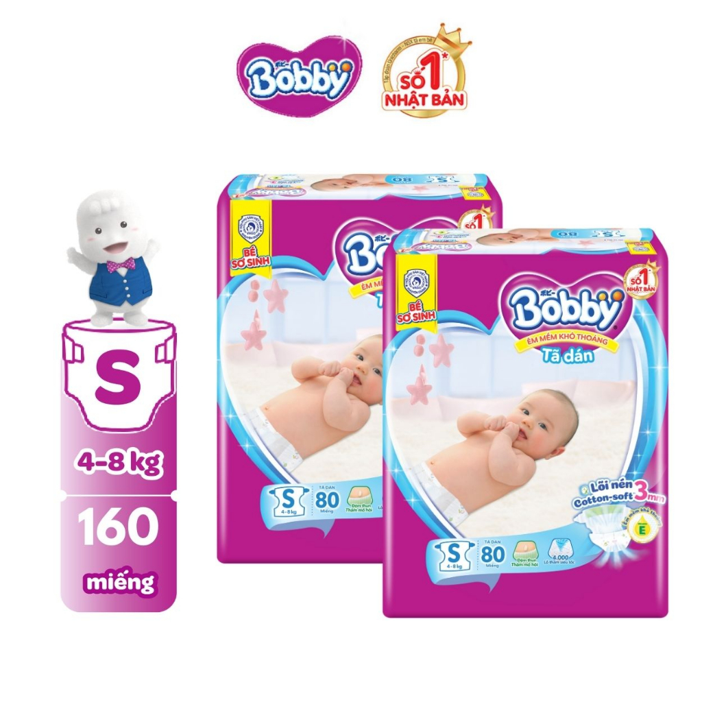 Combo 2 gói Tã dán sơ sinh Bobby S80 mới - Lõi nén Cotton - soft 3mm