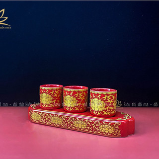 Chén nước thờ, bộ kỷ 3 chén thờ sứ gấm đỏ