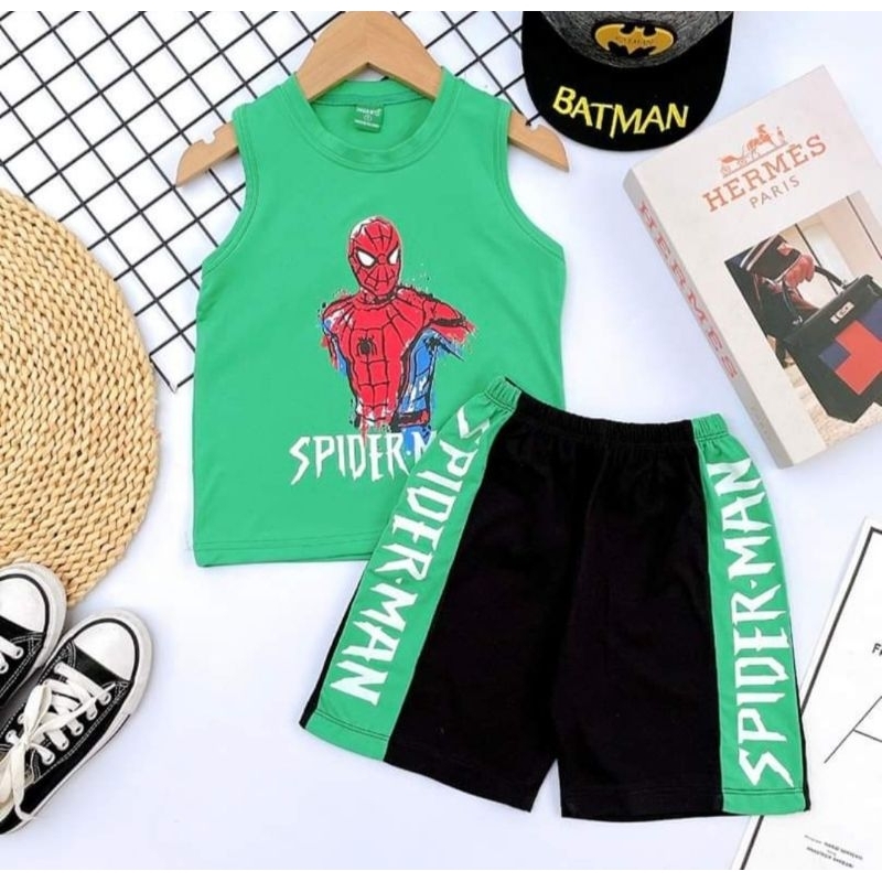 Bộ ba lỗ bé trai thun cotton mỏng mát in siêu nhân size nhí 10-20kg