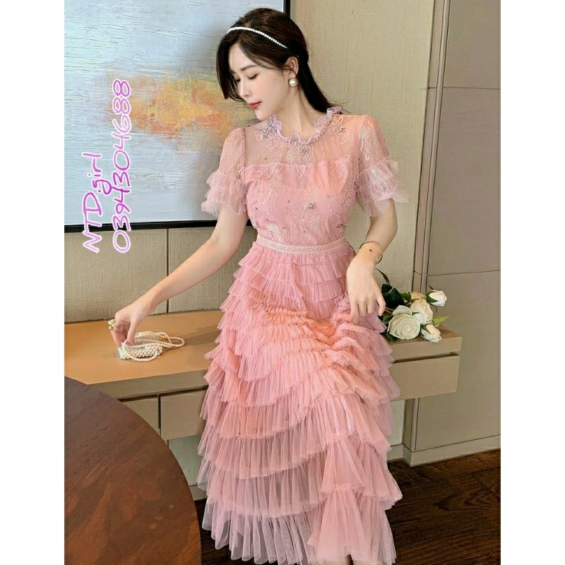 Hàng nhập - Đầm ren lụa dáng xòe bèo tầng sang trọng, váy dự tiệc tiểu thư tay ngắn trẻ trung