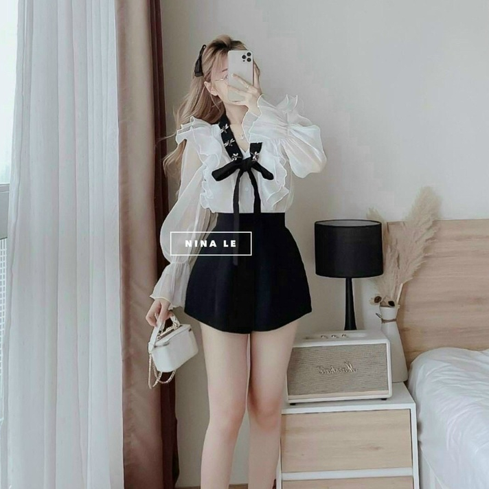 SÉT ÁO TAY DÀI BÈO VAI KÈM QUẦN &amp; DÂY NƠ CÓ ĐÍNH ONG HOẠ TIẾT CỔ hottrend sành điệu