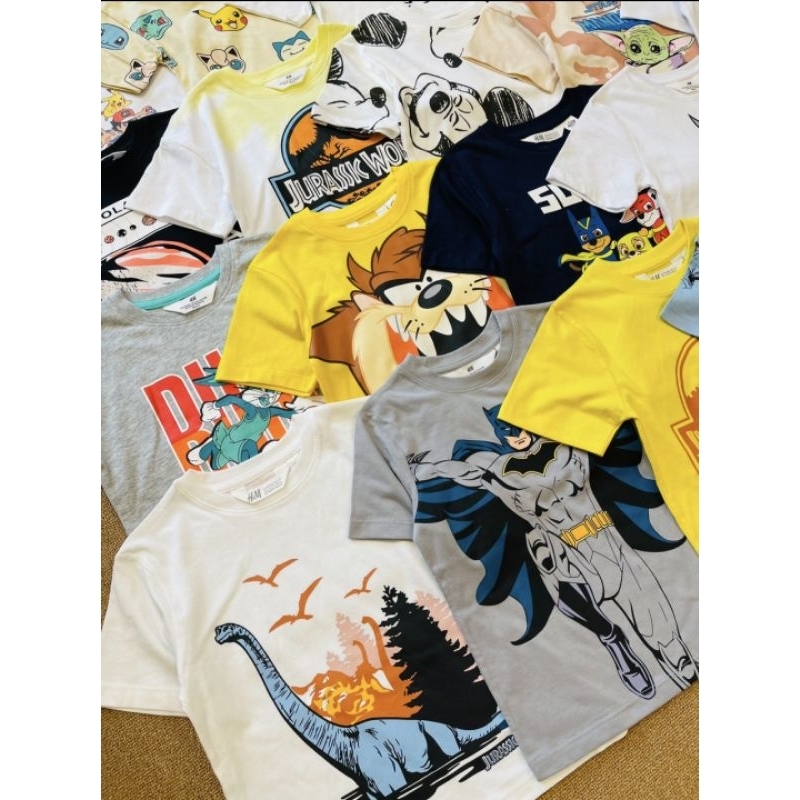 Áo phông cộc tay cotton mềm mịn in hoạt hình siêu nhân ô tô khủng long người nhện cho bé trai