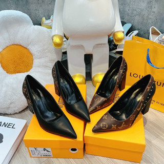 Giày Cao Gót LV Hoa Nâu Đai Ngang Viền Đen Gót Trụ Fullbox - Giày LV Mũi Nhọn Có Nơ Da Bóng Sang Trọng Cho Nữ