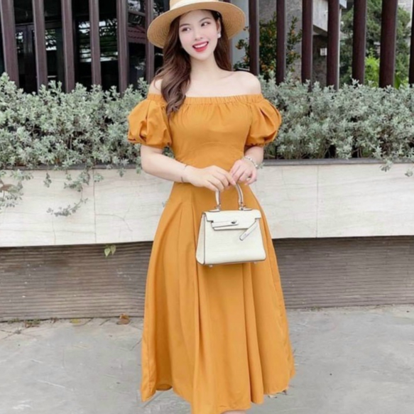 Đầm váy nữ dự tiệc đám cưới màu vàng trễ vai trẻ trung nhẹ nhàng