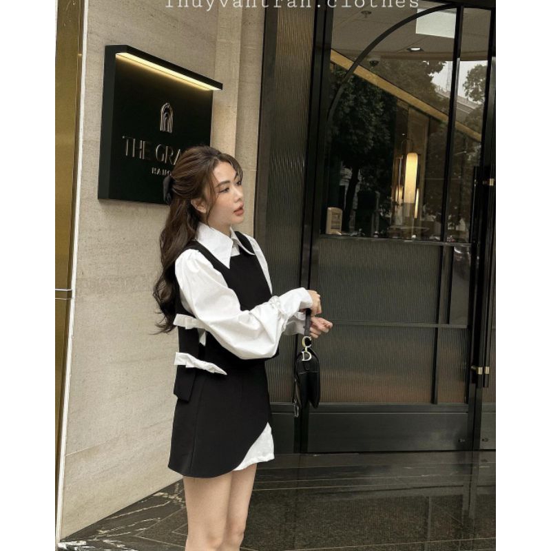 Set áo sơ mi + gile mix chân váy chữ A, Set 3 món sơ mi tay bồng kèm gile mix chân váy xoè