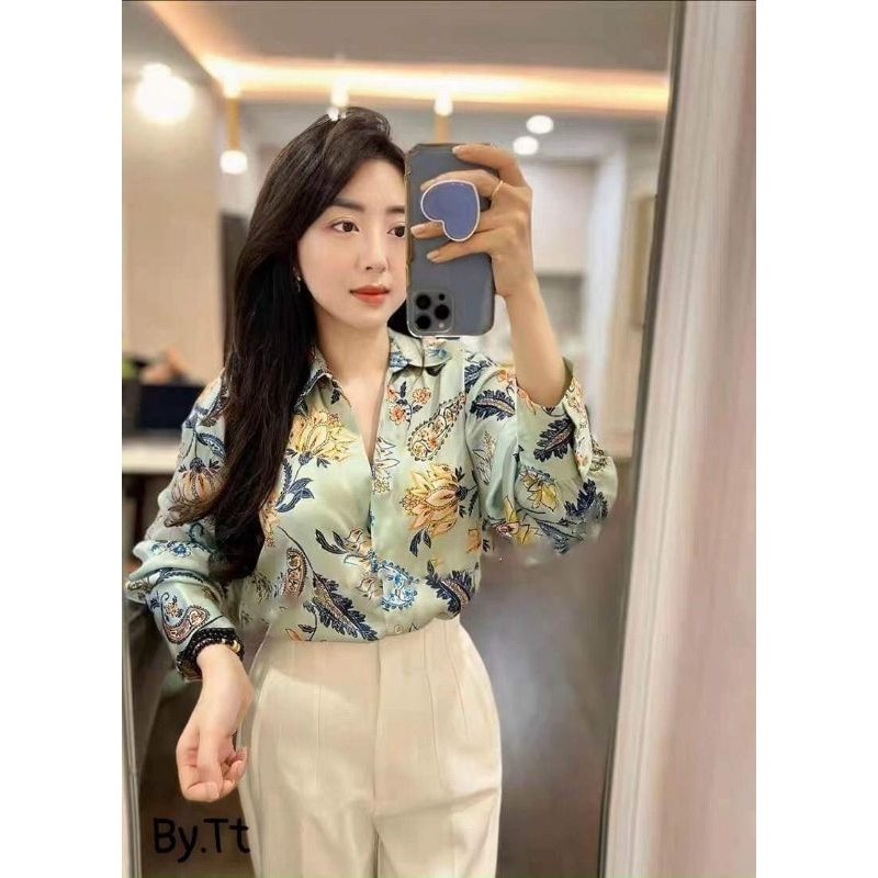 Áo sơmi lụa hoa lá hàng QCL1