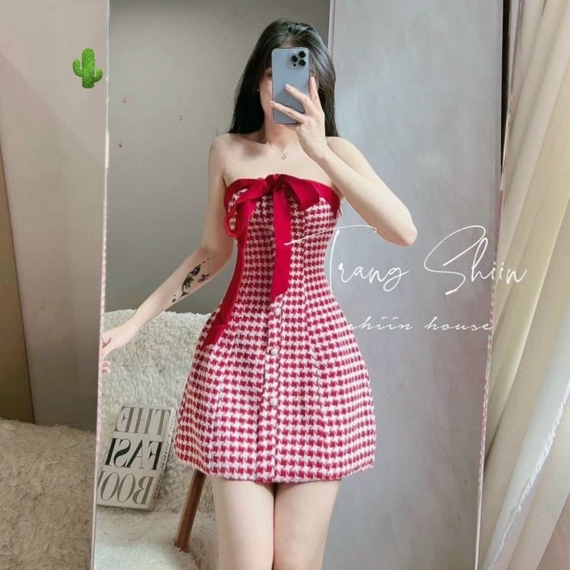 Đầm ống nơ vải dạ caro siêu xinh Bc