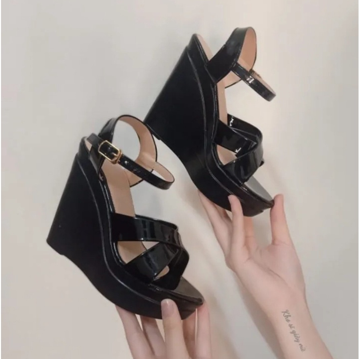 Giày sandal đế xuồng cao gót quai chéo 12 phân thiết kế cân bằng