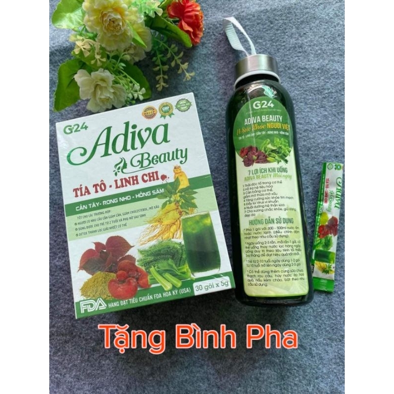 Thải độc Adiva Beauty tặng bình pha ( hộp 30 gói) tía tô, linh chi, rong nho, cần tây..chính hãng