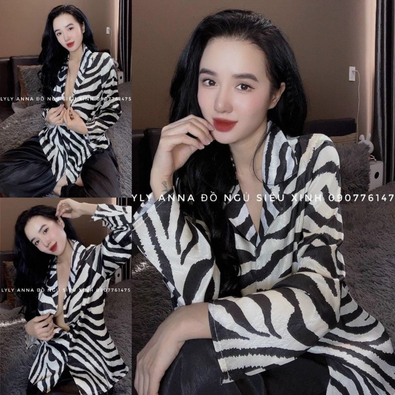 Pijama hàng thiết kế họa tiết Beo vằn vải lụa xước Tô Châu cao cấp.Ảnh shop chụp thật ở cuối trang nha khách