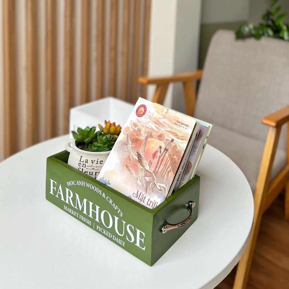 Giỏ hoa Decor Trang Trí Nhà Cửa, Giỏ Gỗ Quai Cầm Vintage Kích Thước 28x14x11cm