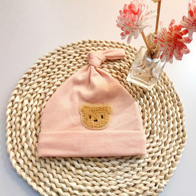 Nón/Mũ cotton dệt kim thêu gấu cho bé - Mũ củ tỏi cho bé