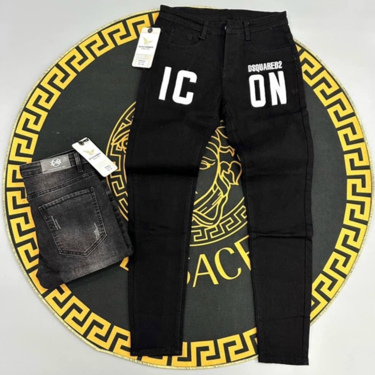 Quần jean nam đen trơn in logo icon chất vải dày dặn co giãn phong cách 1979