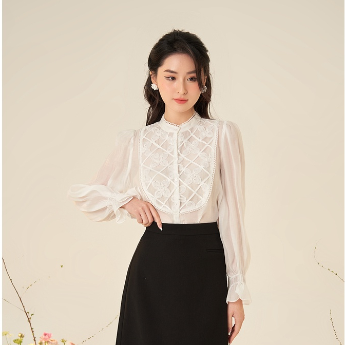 Áo sơ mi tơ ngực phối ren thiết kế tay bồng LYRA thiết kế kiểu cách điệu tiểu thư-LWTSM027