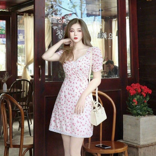 Đầm hoa nhí trắng hồng, Váy hoa nhí chéo ngực hở lưng Cao Cấp tay ngắn dáng xòe - MiNhi