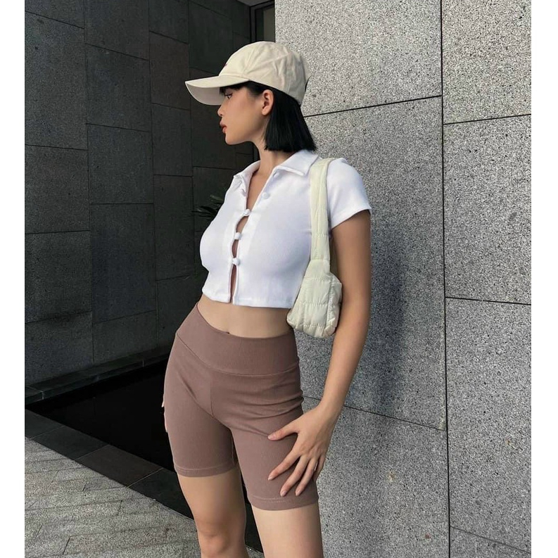 Set 3 quần legging đùi chất thun gân co giãn 4 chiều, quần đùi nữ co giãn nhiều màu Okélla ( 3 màu đen nâu be)