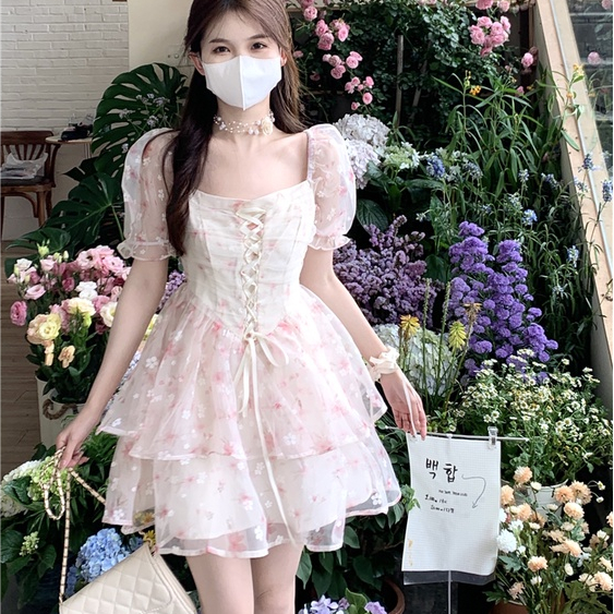Váy cổ vuông hồng phấn ngọt ngào/ Đầm cổ vuông dáng xòe lady girl phong cách Hàn Quốc siêu quyến rũ
