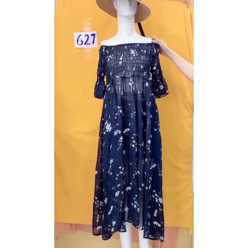 đầm voan hoa trễ vai (xuyên thấu nhẹ). S627