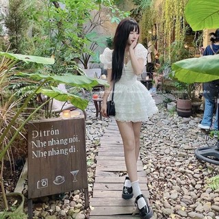 đâm peplum voan hoa trắng 3 tầng viền bèo tay phồng