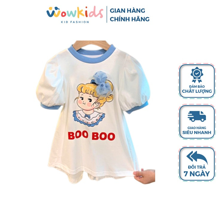 Váy Cotton Suông Cho Bé Gái WOWKIDS Tay Bồng Họa Tiết Hoạt Hình Từ 10-22kg