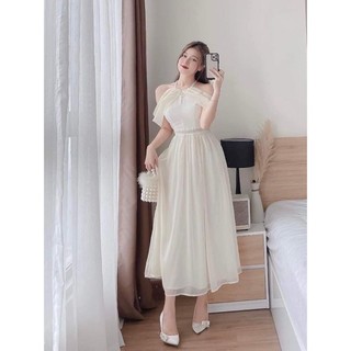 Váy Đầm Nữ Trắng Dự Tiệc Cổ Tròn Đính Cườm Kiểu Trễ Vai Siêu Xinh
