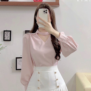 Áo sơ mi lụa công sở cổ V cúc vai dài tay basic 4 màu trơn A820 KYMIE