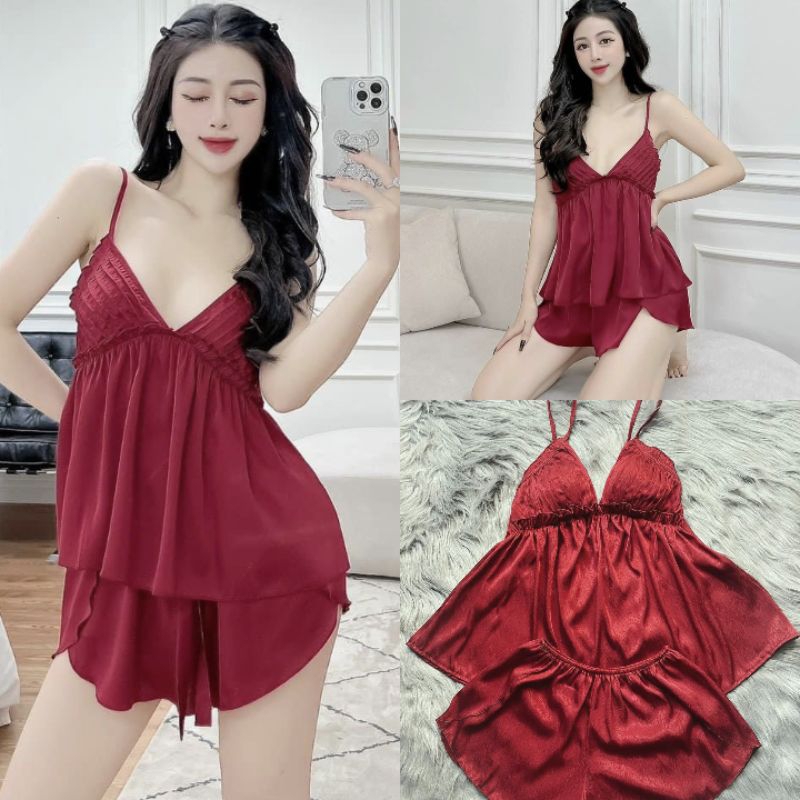 Đồ ngủ sexy áo 2 dây quần đùi có mút đệm v1 chất Lụa Gấm Xước cao cấp Đồ ngủ gợi cảm