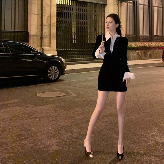 Đầm body cổ V YIMI phối sơ mi trắng tay bèo tiểu thư