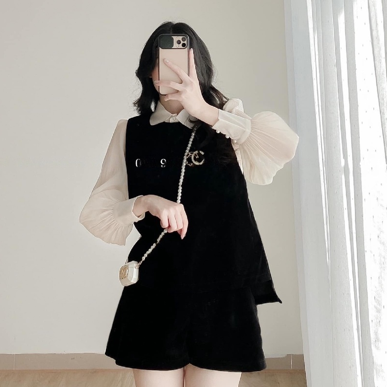 Áo Ghile Nhung MYAN Vest Chữ A Cổ Tròn Cài Cúc Cổ Vạt Lệch Màu Đen Avn012207
