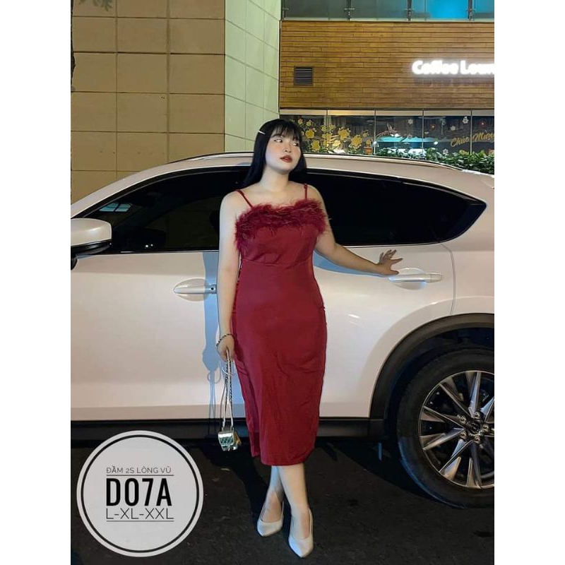 Bigsize - Đầm 2 Dây Lông Vũ