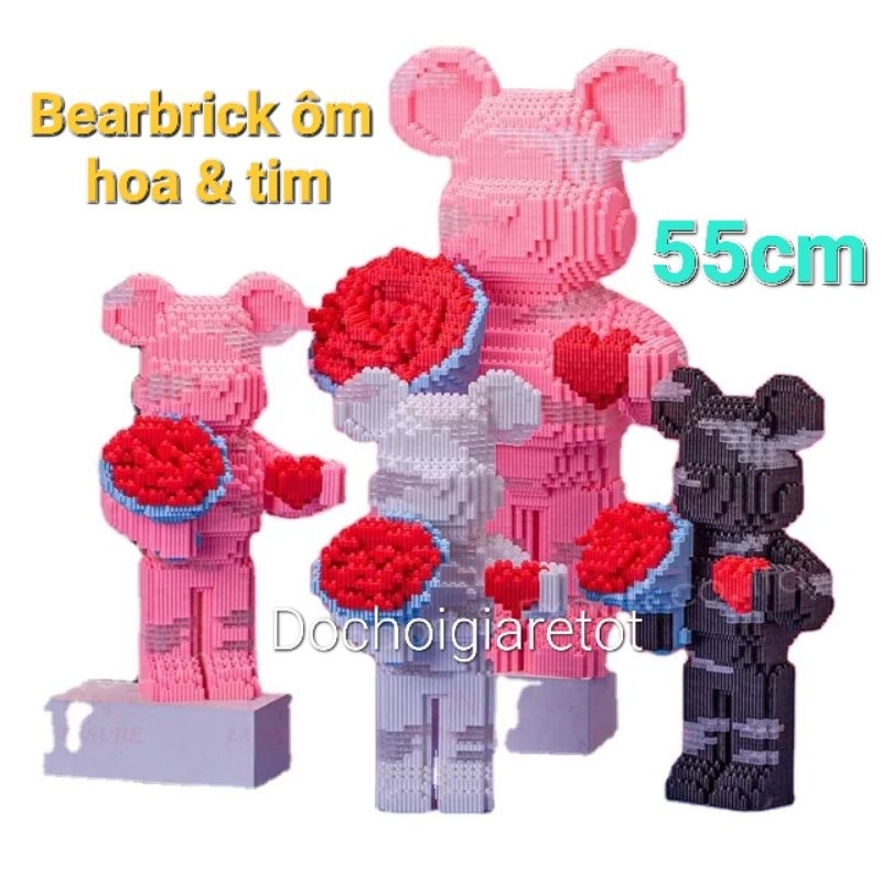 Le go 55cm xếp hình gấu ôm hoa cỡ lớn, Bearbrick ôm hoa và tim size to có đèn led, tặng kèm búa gõ lắp ráp giá rẻ