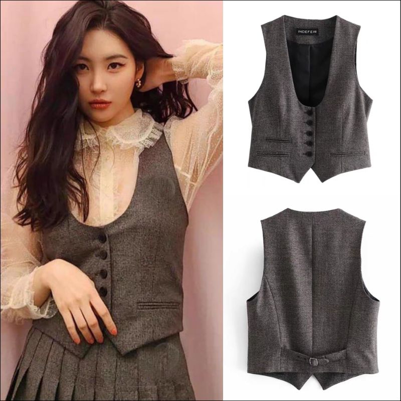 {Siêu phẩm} Áo gile vest kẻ sọc cổ U xuất Hàn (có sẵn)