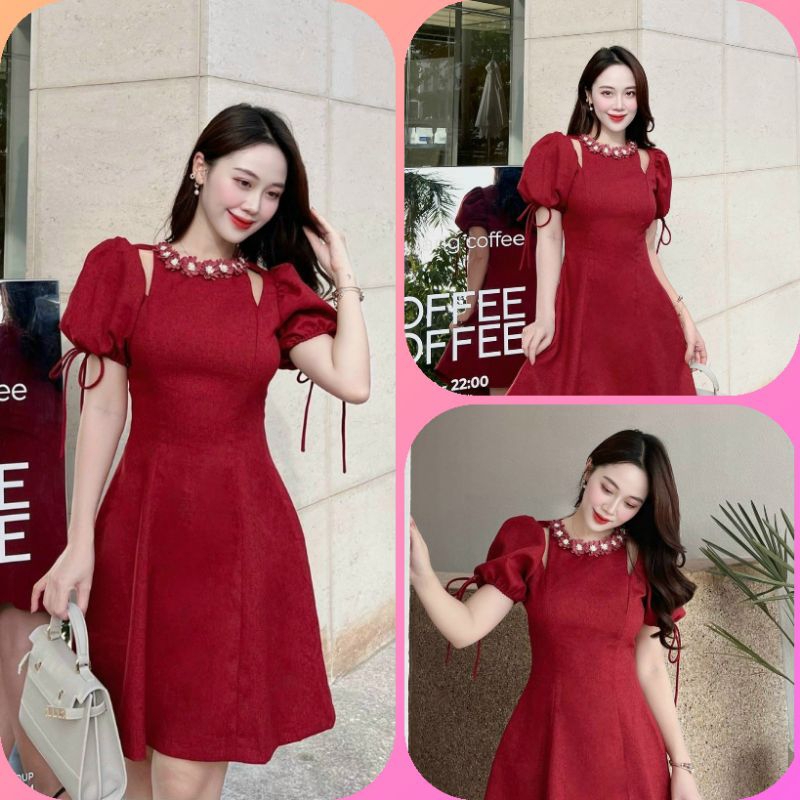 Đầm nữ dạ hội tay phồng, váy nữ đính hoa dễ thương sang trọng,váy xòe nữ đỏ đính cổ hoa