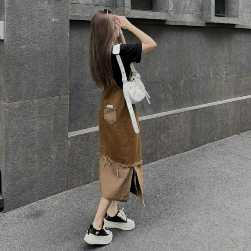 Váy Yếm Jean Nâu yếm váy bò hai tầng