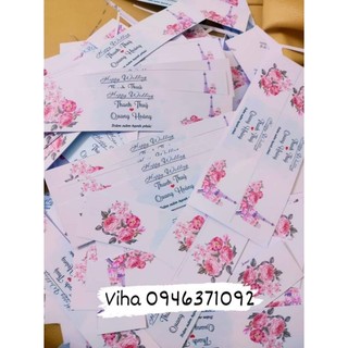 Tem dán chai nước suối đám cưới dạng decan bóc ra dán.