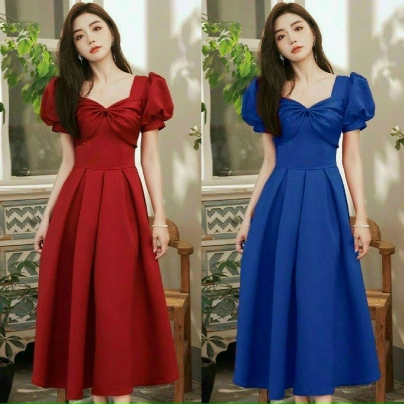 Đầm xòe công sở dự tiệc, cổ tứ giác, tay ngắn phồng, nơ trước ngực, tùng xòe xếp li, dây kéo sau lưng